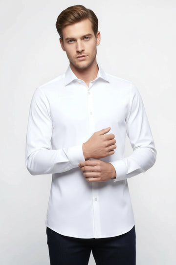 Men's White Slim Fit Plain Long Sleeve Shirt | Wessi