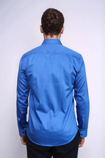 Plain Blue Satin Cotton Slim Fit Shirt | Wessi
