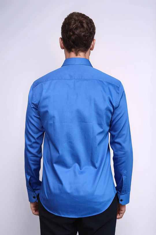Plain Blue Satin Cotton Slim Fit Shirt | Wessi