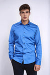 Plain Blue Satin Cotton Slim Fit Shirt | Wessi