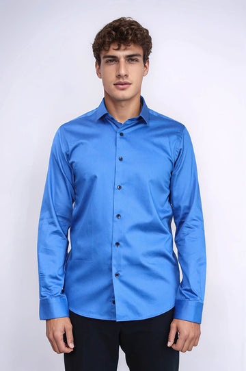 Plain Blue Satin Cotton Slim Fit Shirt | Wessi