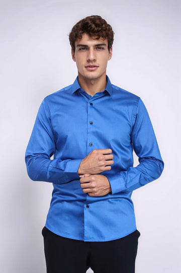 Plain Blue Satin Cotton Slim Fit Shirt | Wessi