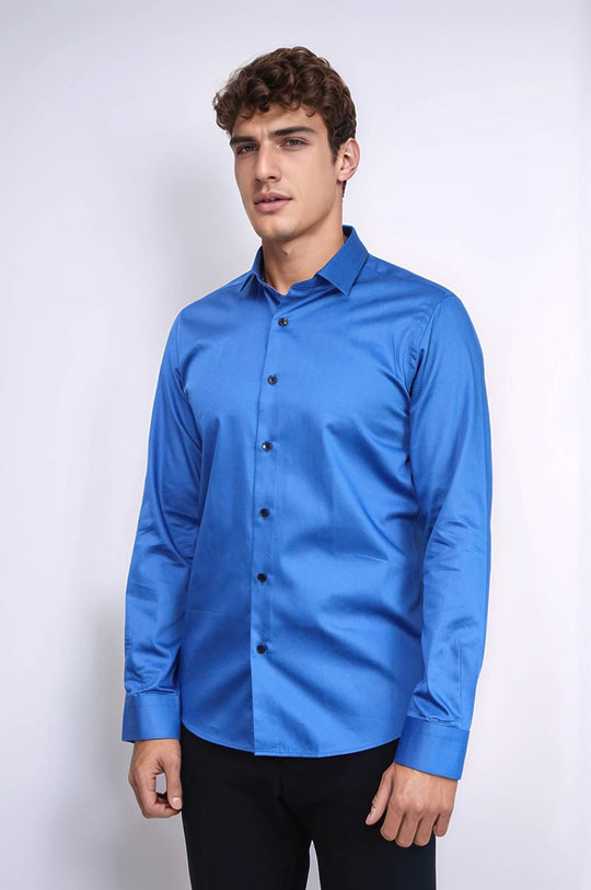 Plain Blue Satin Cotton Slim Fit Shirt | Wessi