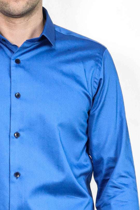 Plain Blue Satin Cotton Slim Fit Shirt | Wessi
