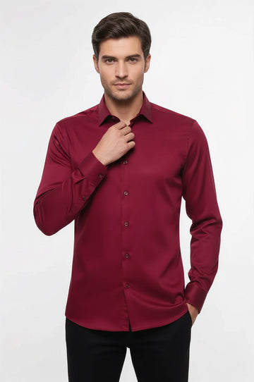 Men's Burgundy Slim Fit Long Sleeve Shirt – Wessi