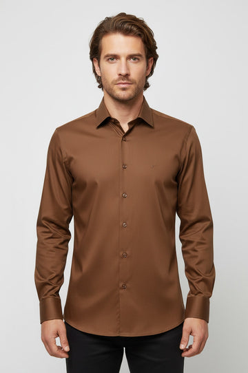 Men's Tan Slim Fit Satin Finish Cotton Shirt | Wessi