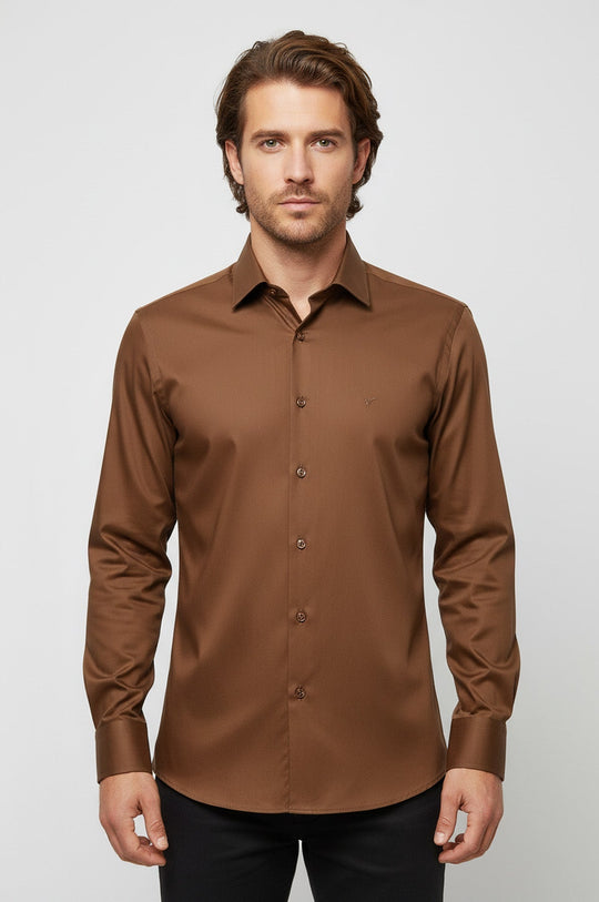 Men's Tan Slim Fit Satin Finish Cotton Shirt | Wessi
