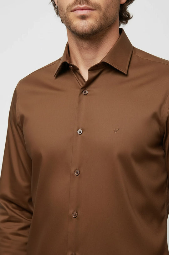 Men's Tan Slim Fit Satin Finish Cotton Shirt | Wessi