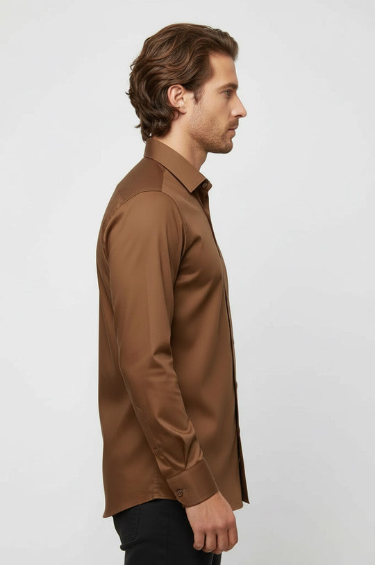 Men's Tan Slim Fit Satin Finish Cotton Shirt | Wessi