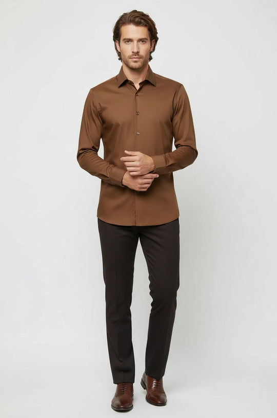 Men's Tan Slim Fit Satin Finish Cotton Shirt | Wessi