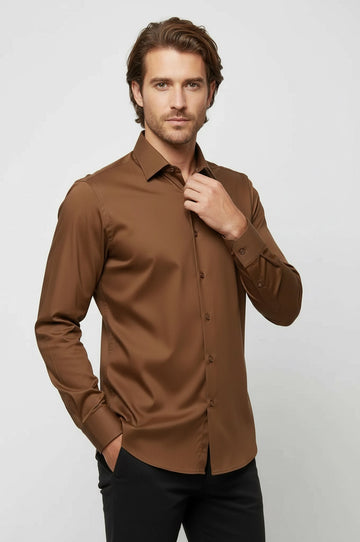 Men's Tan Slim Fit Satin Finish Cotton Shirt | Wessi