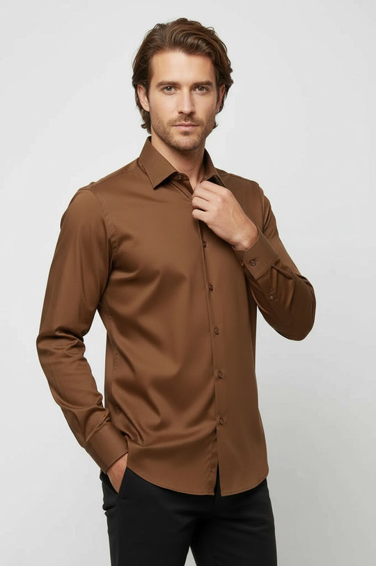 Men's Tan Slim Fit Satin Finish Cotton Shirt | Wessi
