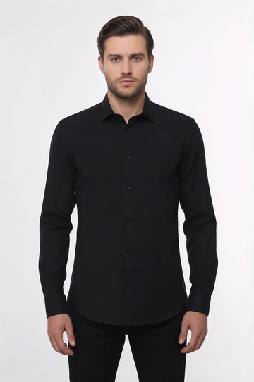 Men's Black Slim Fit Plain Long Sleeve Shirt | Wessi
