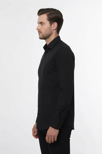 Men's Black Slim Fit Plain Long Sleeve Shirt | Wessi