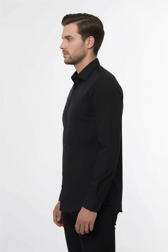 Men's Black Slim Fit Plain Long Sleeve Shirt | Wessi