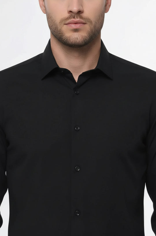 Men's Black Slim Fit Plain Long Sleeve Shirt | Wessi