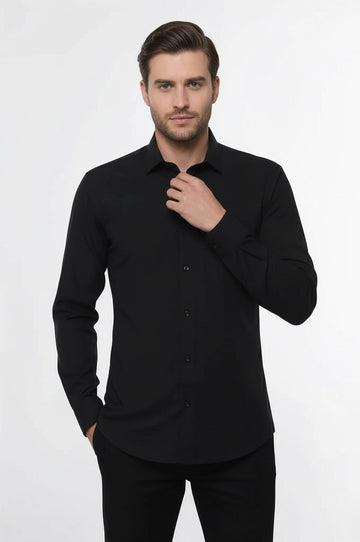 Men's Black Slim Fit Plain Long Sleeve Shirt | Wessi