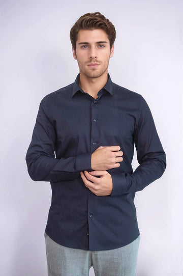Men's Navy Blue Plain Slim Fit Long Sleeve Shirt – Wessi