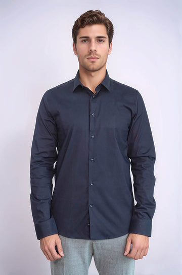 Men's Navy Blue Plain Slim Fit Long Sleeve Shirt – Wessi