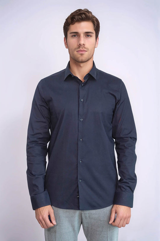 Men's Navy Blue Plain Slim Fit Long Sleeve Shirt – Wessi