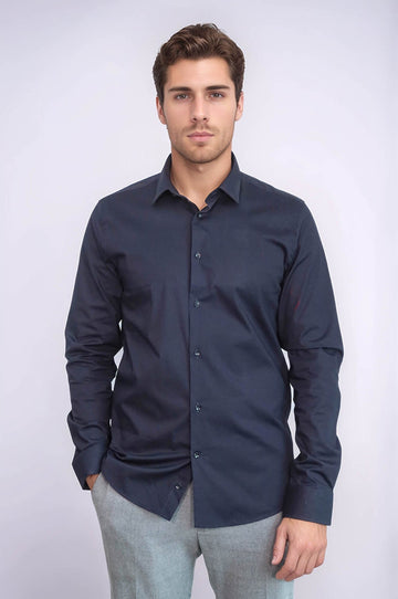 Men's Navy Blue Plain Slim Fit Long Sleeve Shirt – Wessi