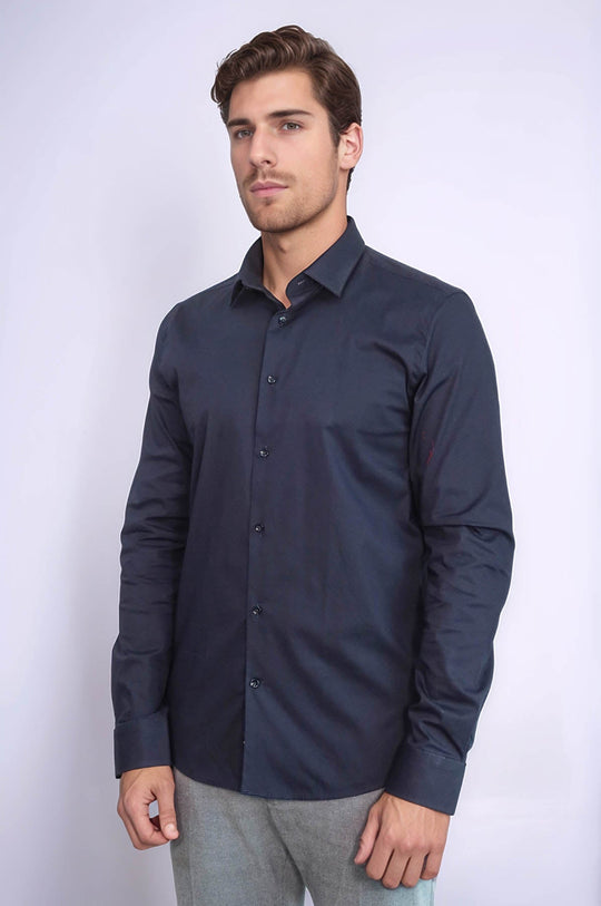 Men's Navy Blue Plain Slim Fit Long Sleeve Shirt – Wessi