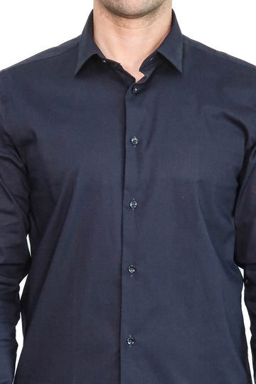 Men's Navy Blue Plain Slim Fit Long Sleeve Shirt – Wessi