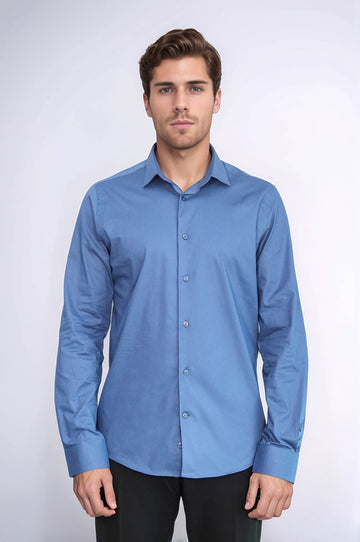 Men's Navy Blue Slim Fit Plain Long Sleeve Shirt | Wessi