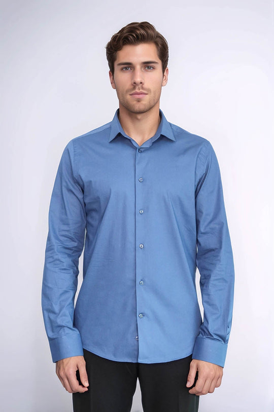 Men's Navy Blue Slim Fit Plain Long Sleeve Shirt | Wessi