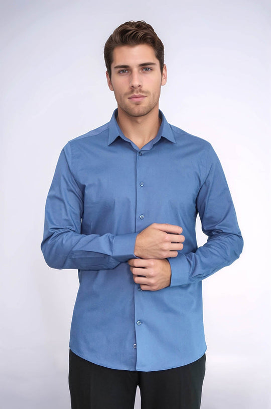 Men's Navy Blue Slim Fit Plain Long Sleeve Shirt | Wessi