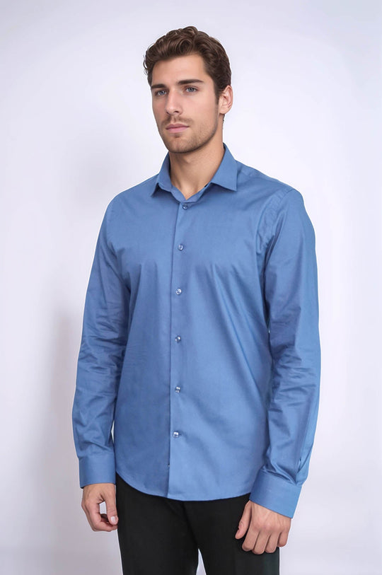 Men's Navy Blue Slim Fit Plain Long Sleeve Shirt | Wessi
