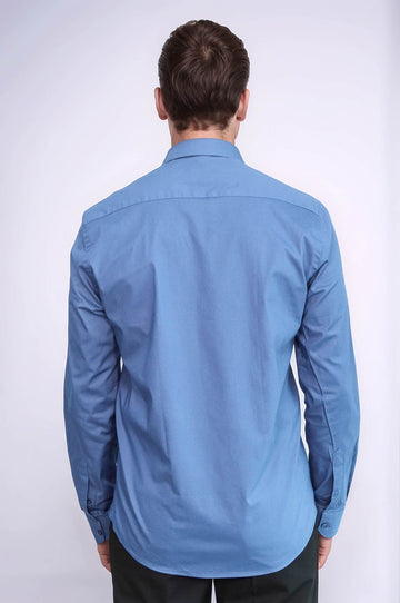 Men's Navy Blue Slim Fit Plain Long Sleeve Shirt | Wessi