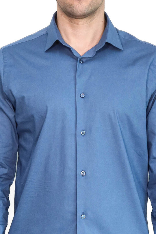 Men's Navy Blue Slim Fit Plain Long Sleeve Shirt | Wessi