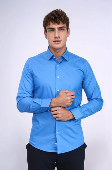 Men's Blue Plain Slim Fit Long Sleeve Shirt – Wessi