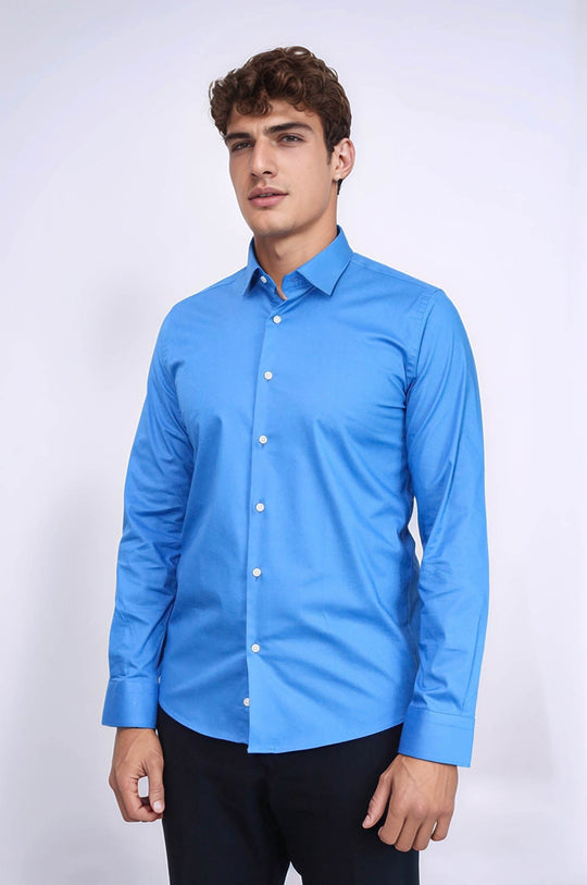 Men's Blue Plain Slim Fit Long Sleeve Shirt – Wessi