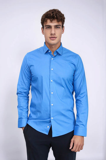 Men's Blue Plain Slim Fit Long Sleeve Shirt – Wessi