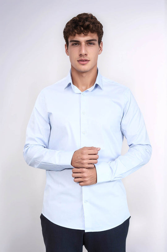Men's Sky Blue Slim Fit Plain Long Sleeve Shirt | Wessi