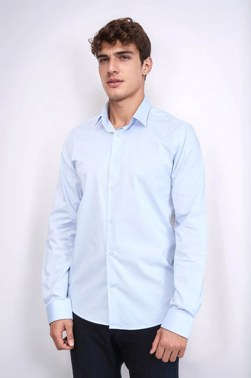 Men's Sky Blue Slim Fit Plain Long Sleeve Shirt | Wessi