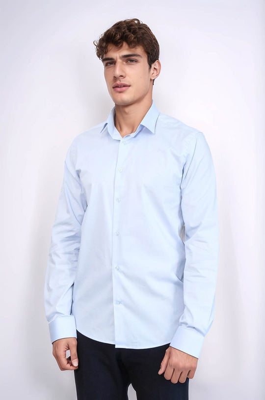 Men's Sky Blue Slim Fit Plain Long Sleeve Shirt | Wessi