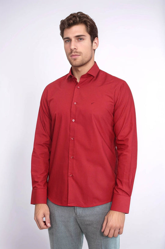 Men's Burgundy Slim Fit Plain Cotton Shirt | Wessi