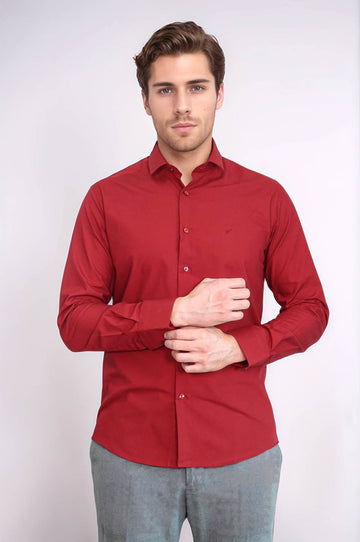 Men's Burgundy Slim Fit Plain Cotton Shirt | Wessi