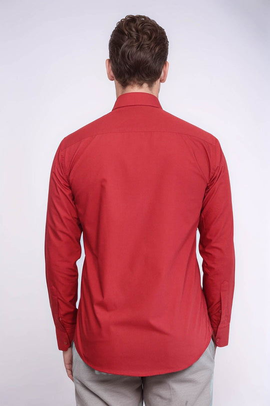 Men's Burgundy Slim Fit Plain Cotton Shirt | Wessi