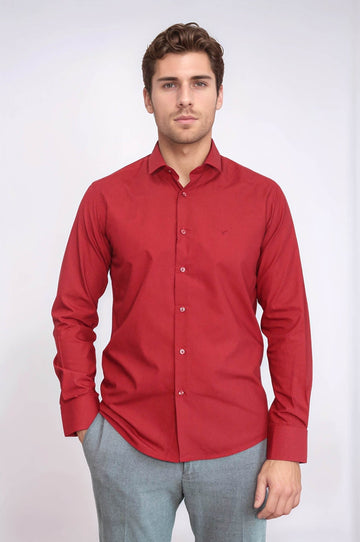 Men's Burgundy Slim Fit Plain Cotton Shirt | Wessi