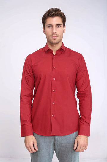 Men's Burgundy Slim Fit Plain Cotton Shirt | Wessi