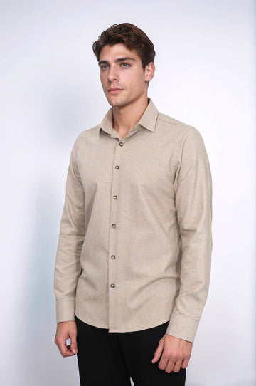 Men's Beige Slim Fit Plain Lumberjack Shirt | Wessi