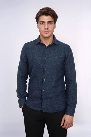 Men's Navy Blue Slim Fit Patterned Lumberjack Shirt | Wessi