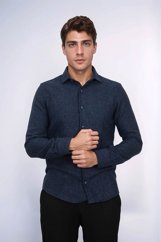 Men's Navy Blue Slim Fit Patterned Lumberjack Shirt | Wessi