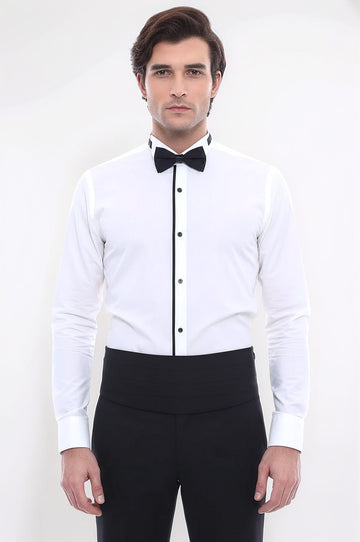 Men's Cream Slim Fit Tuxedo Shirt with Black Piping | Wessi