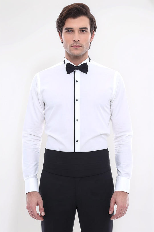 Men's Cream Slim Fit Tuxedo Shirt with Black Piping | Wessi
