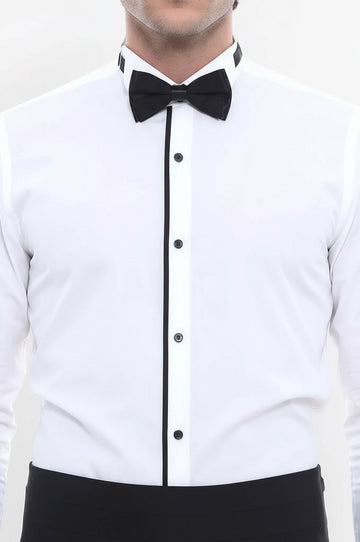 Men's Cream Slim Fit Tuxedo Shirt with Black Piping | Wessi